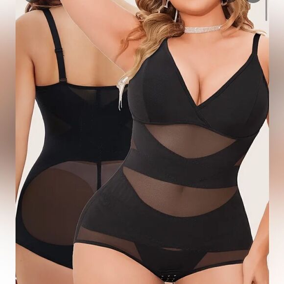 V-Neck Bodysuit Tummy Control Mesh Cross Slim Belly Body Shaper Waist Trainer - Picture 3 of 16
